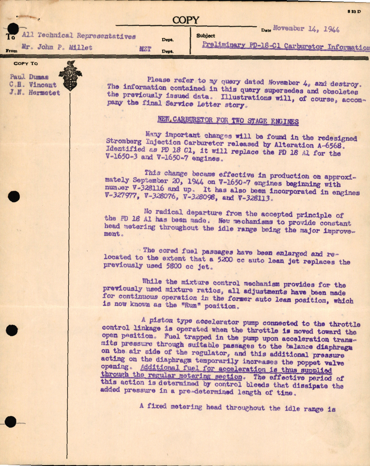 Sample page 1 from AirCorps Library document: Correspondence Concerning Preliminary PD-18-C1 Carburetor Information