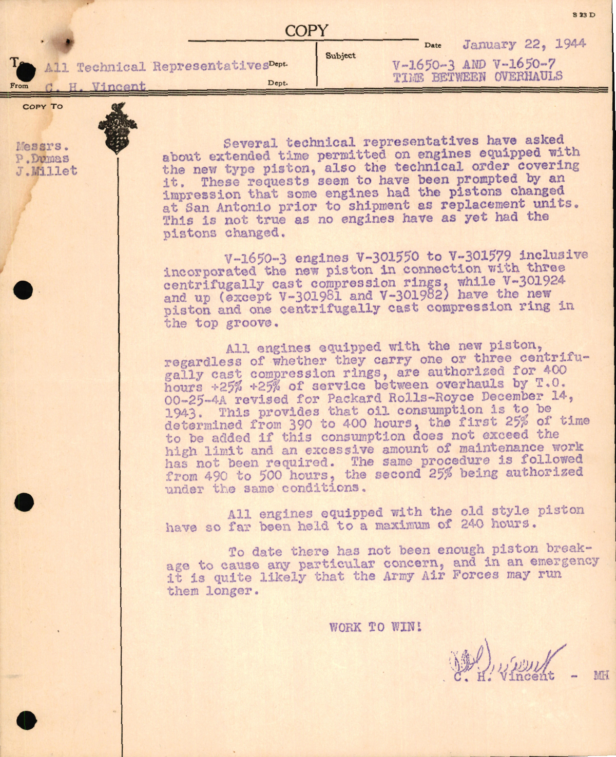 Sample page 1 from AirCorps Library document: Correspondence Concerning Time Between Overhauls for V-1650-3 and V-1650-7 Engines