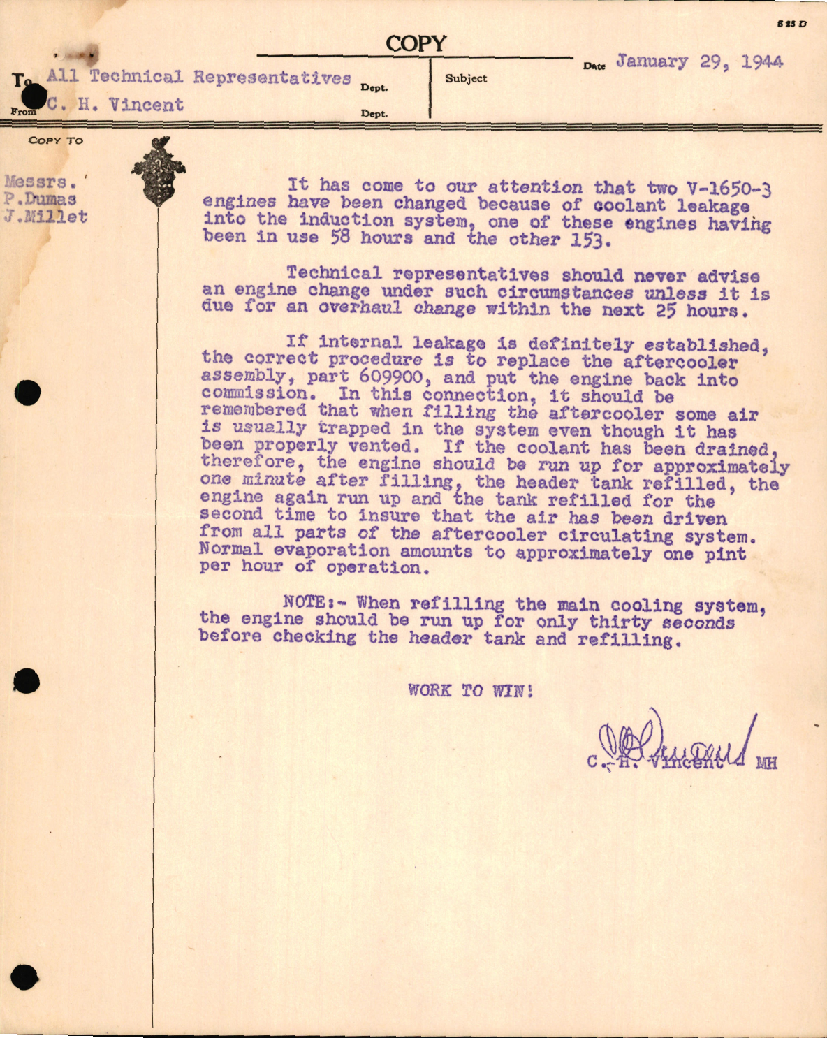 Sample page 1 from AirCorps Library document: Correspondence Concerning V-1650-3 Engine Leakage