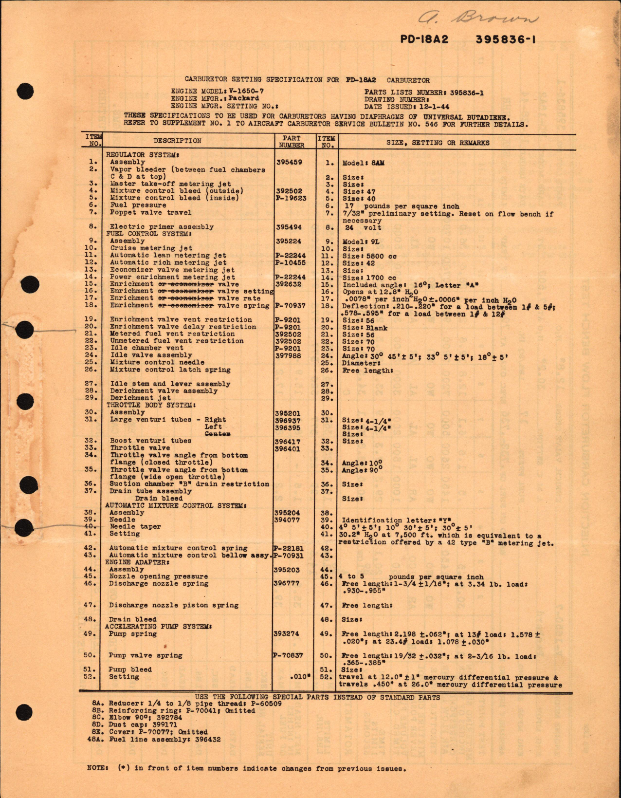 Sample page 1 from AirCorps Library document: Carburetor Setting Specification for PD-18A2 Carburetor Part No. 395836-1