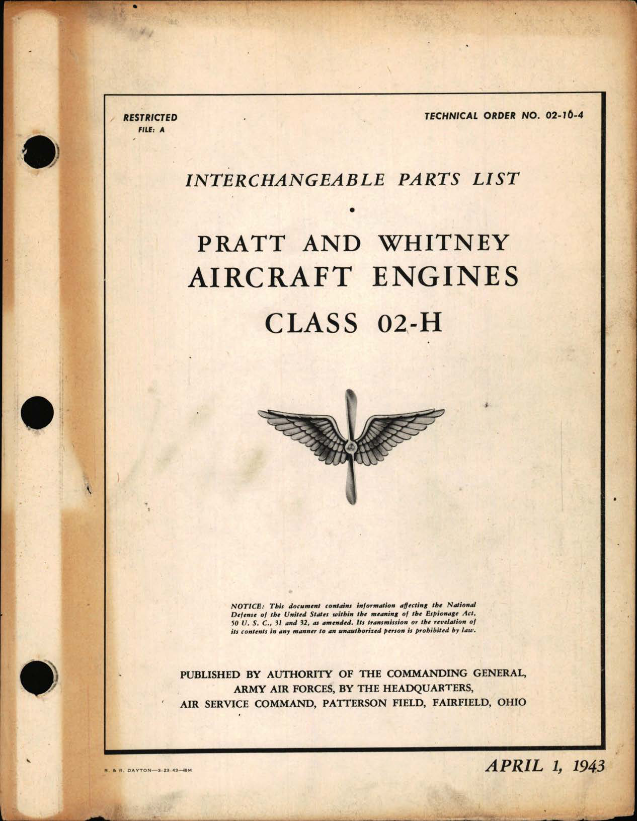 Sample page 1 from AirCorps Library document: Interchangeable Parts List for Pratt and Whitney Engines Class 02-H