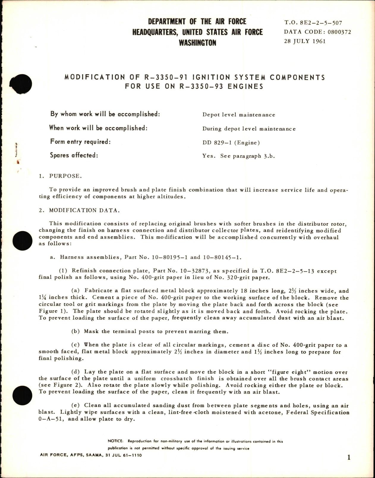 Sample page 1 from AirCorps Library document: Modification of R-3350-91 Ignition System Components for Use on R-3350-93 Engines