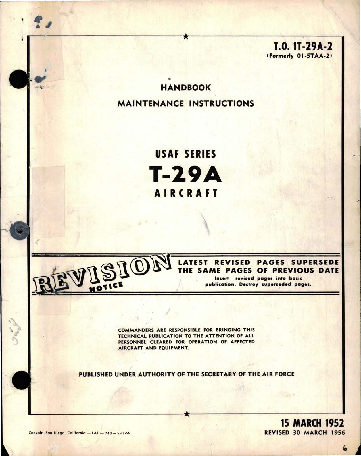 Sample page 1 from AirCorps Library document: Maintenance Instructions for T-29A