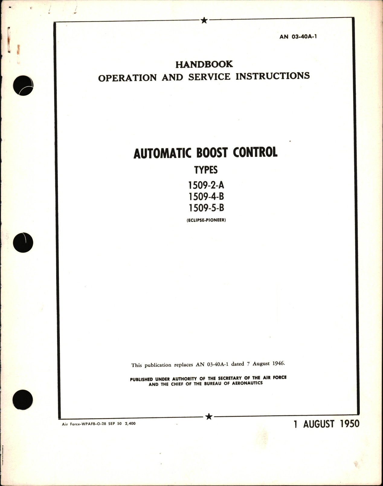 Sample page 1 from AirCorps Library document: Operation & Service Instructions for Automatic Boost Control Types 1509-2-A, -4-B, & -5-B 