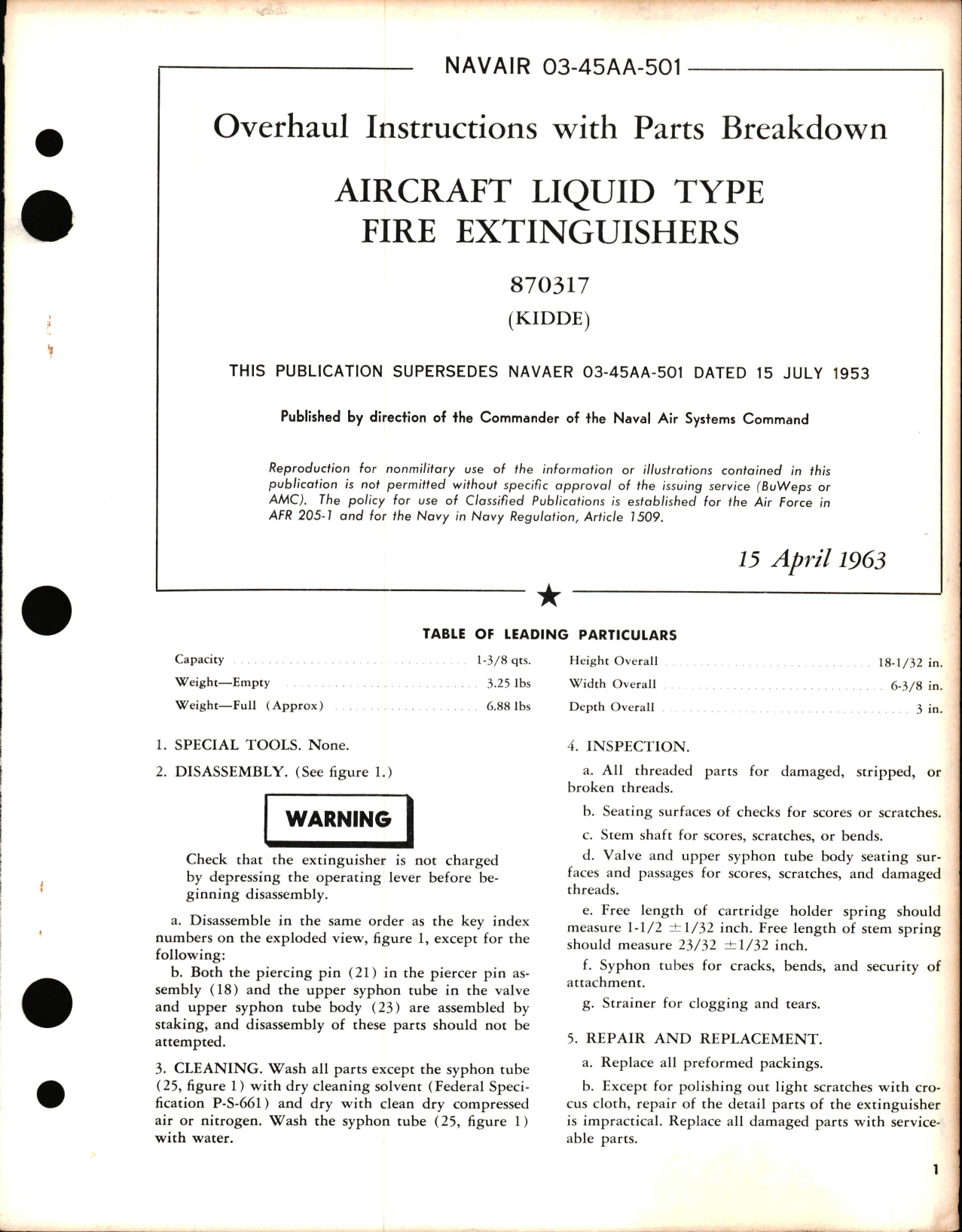 Sample page 1 from AirCorps Library document: Overhaul Instructions with Parts Breakdown for Aircraft Liquid Type Fire Extinguishers 870317