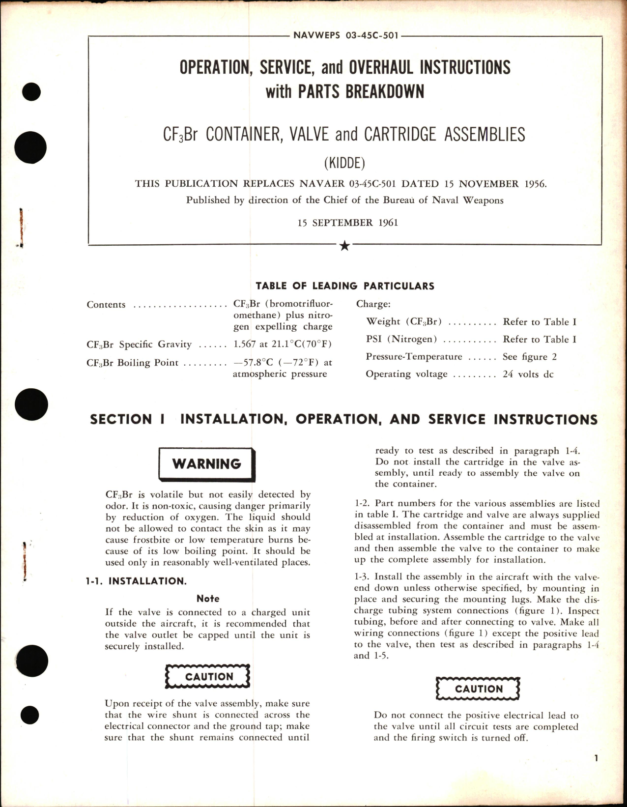 Sample page 1 from AirCorps Library document: Operation, Service, & Overhaul Instructions woth Parts Breakdown for Valve and Cartridge Assemblies for CF3Br Containers