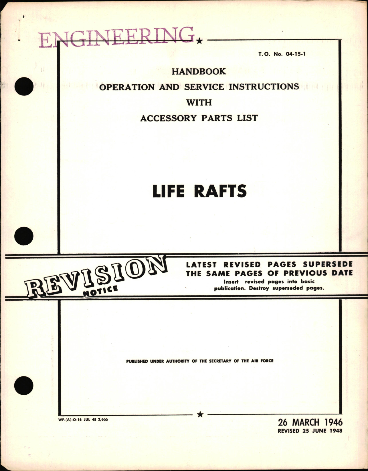 Sample page 1 from AirCorps Library document: Operation & Service Instructions with Accessory Parts List for Life Rafts, 