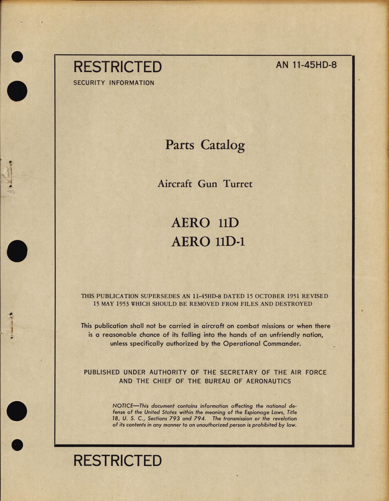 Sample page 1 from AirCorps Library document: Parts Catalog for Aircraft Gun Turret Aero 11D & 11D-1