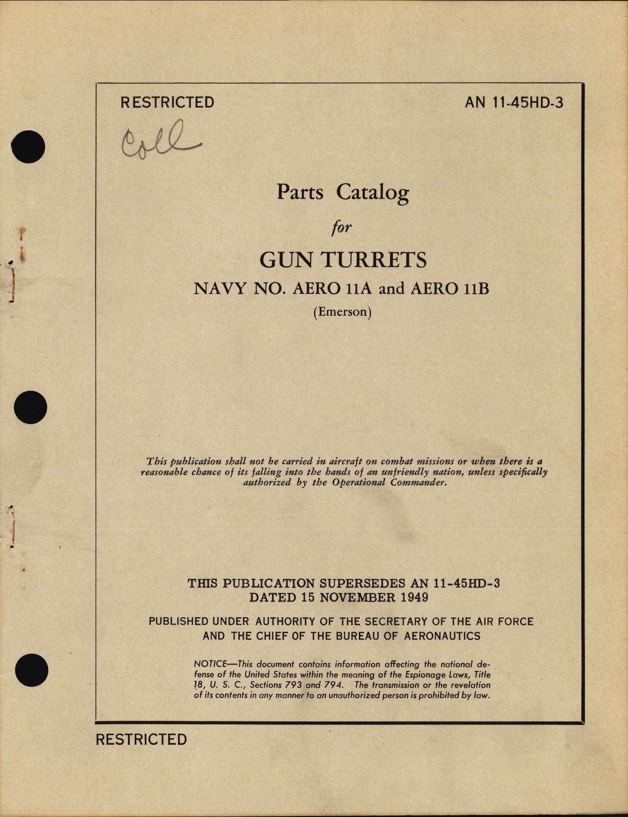 Sample page 1 from AirCorps Library document:  Parts Catalog for Gun Turrets Aero 11A, 11A-1, 11A-2, & 11B