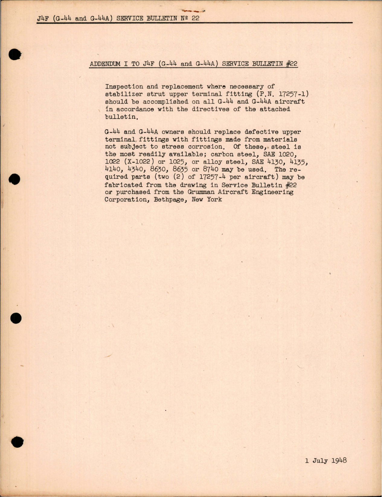 Sample page 1 from AirCorps Library document: Addendum I to J4F (G-44 & G-44A) to Service Bulletin No.  22