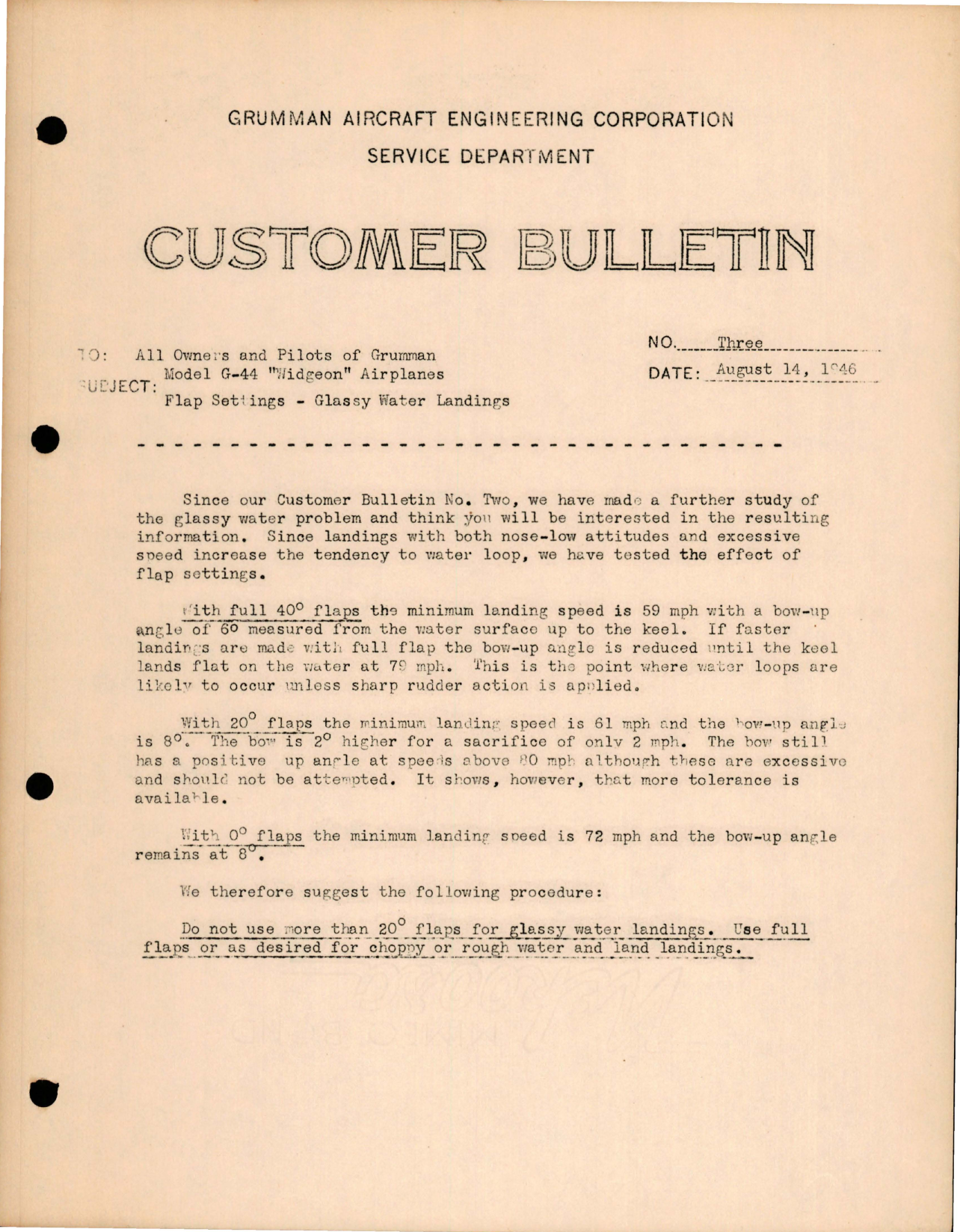 Sample page 1 from AirCorps Library document: Widgeon - Flap Settings for Glassy Water Landings