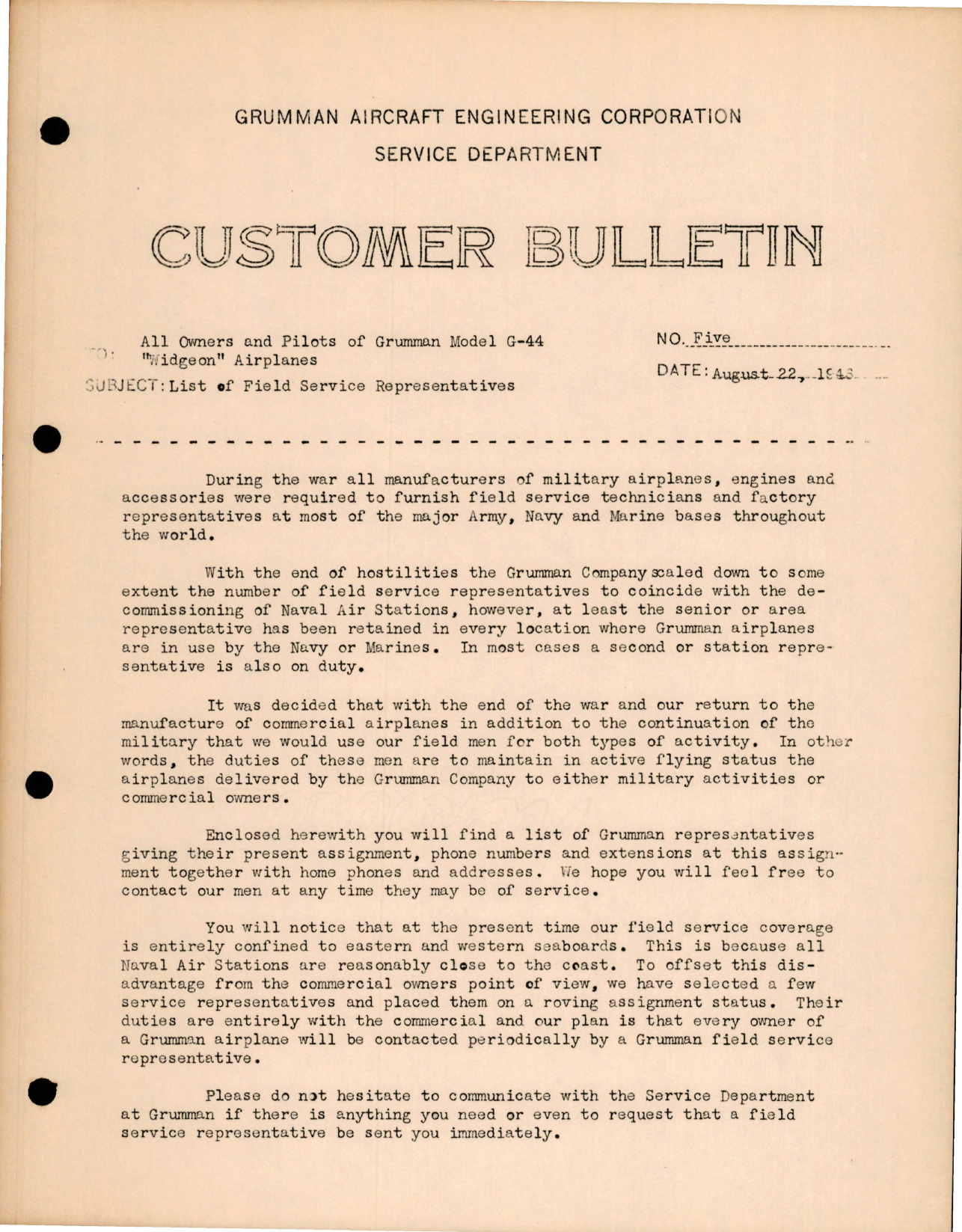 Sample page 1 from AirCorps Library document: Widgeon - List of Field Service Representatives