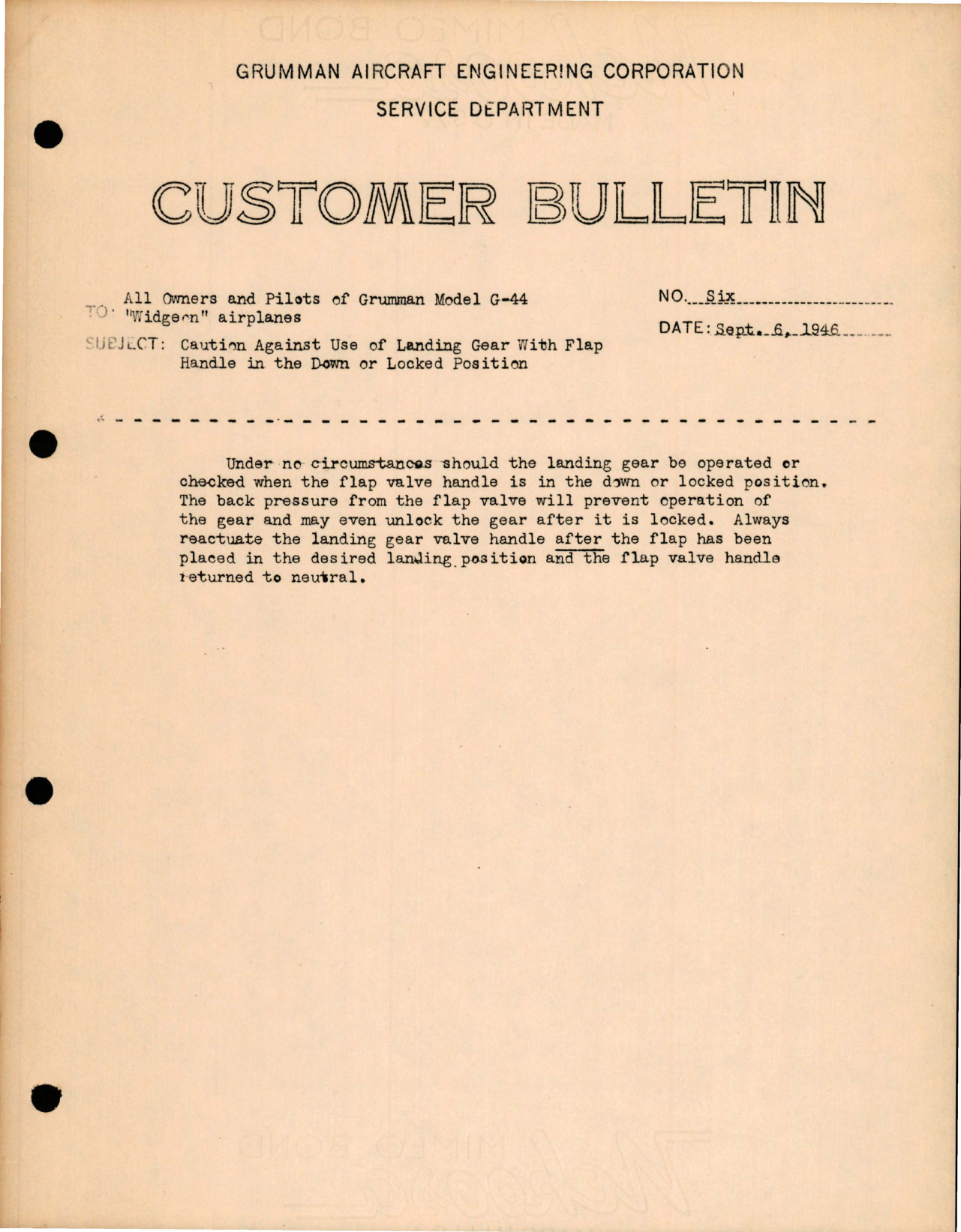 Sample page 1 from AirCorps Library document: Widgeon - Caution Against Using Landing Gear with Flap Handle in Down or Locked Position