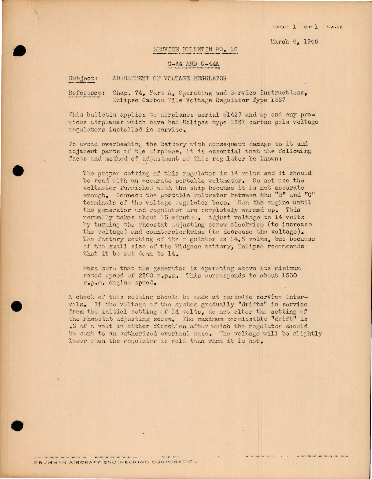 Sample page 1 from AirCorps Library document: Widgeon - Adjustment of Voltage Regulator on G-44 & G-44A