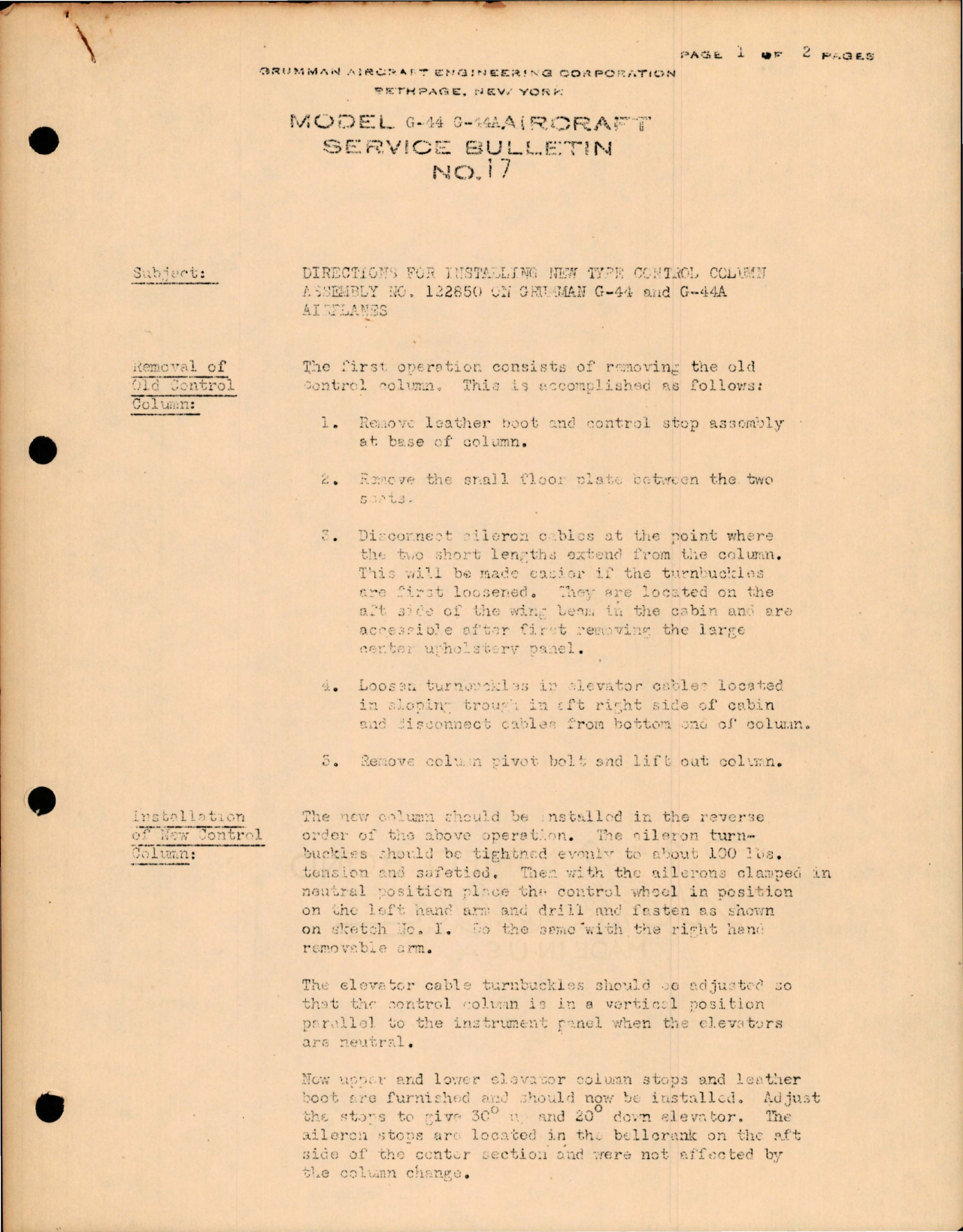 Sample page 1 from AirCorps Library document: Widgeon - Directions for Installing New Type Control Column Assembly No. 122850