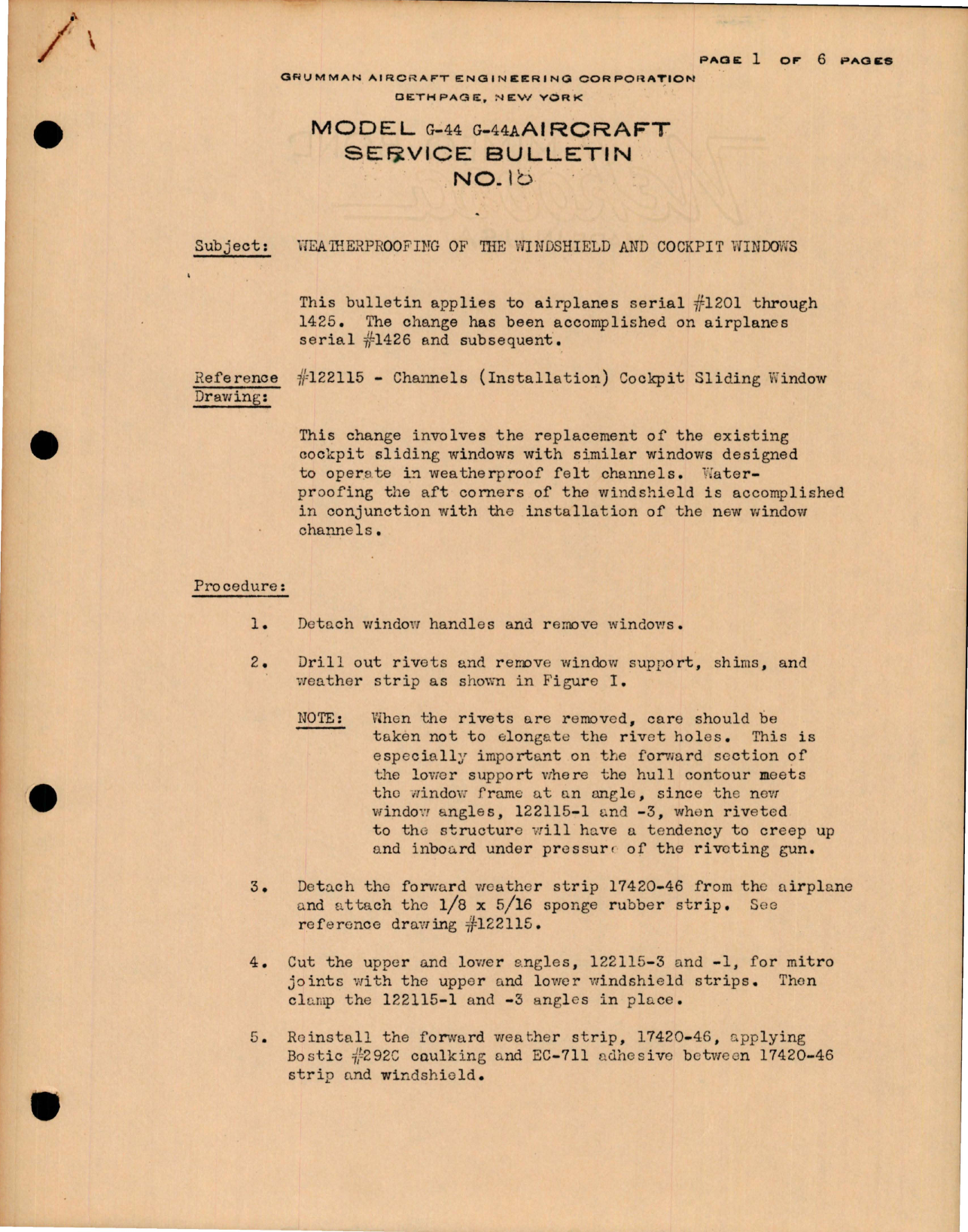 Sample page 1 from AirCorps Library document: Widgeon - Weatherproofing of the Windshield and Cockpit Windows
