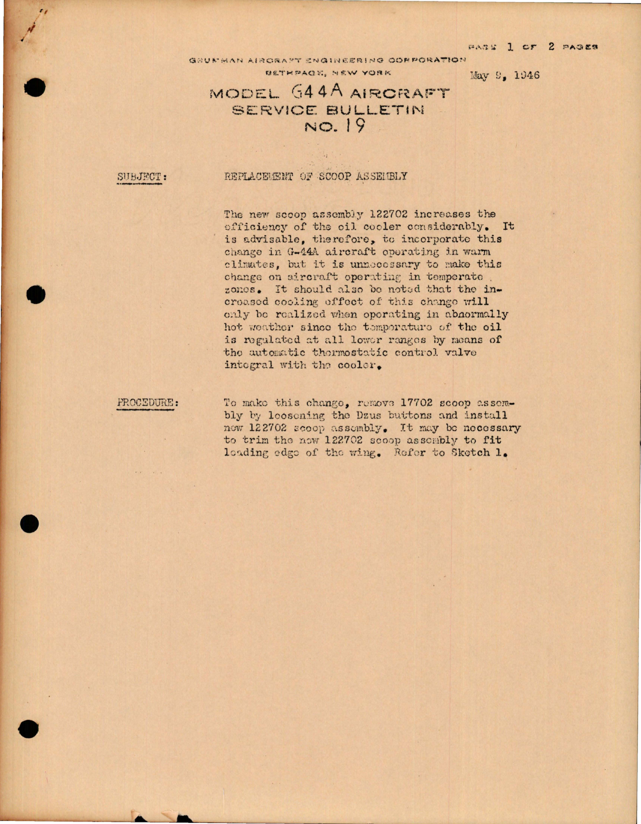 Sample page 1 from AirCorps Library document: Widgeon - Replacement of Scoop Assembly