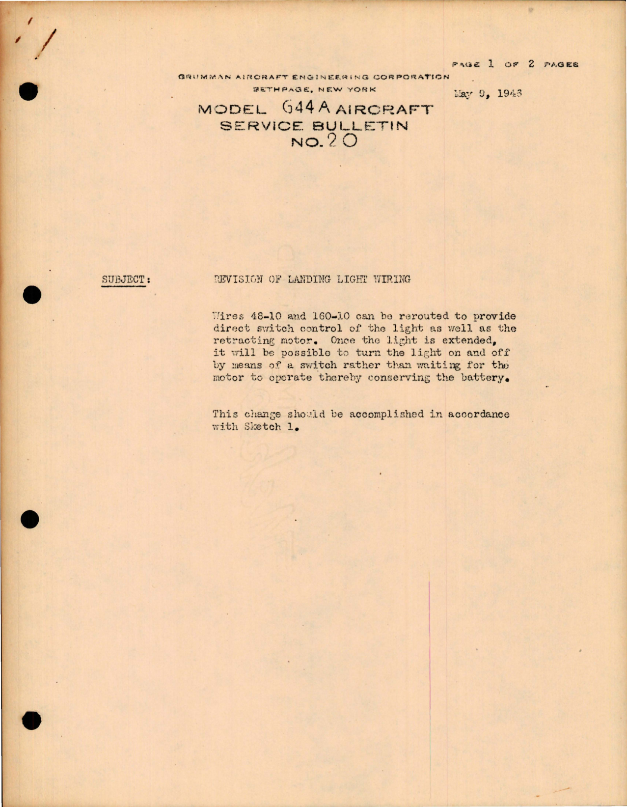 Sample page 1 from AirCorps Library document: Widgeon - Revision of Landing Light Wiring, 