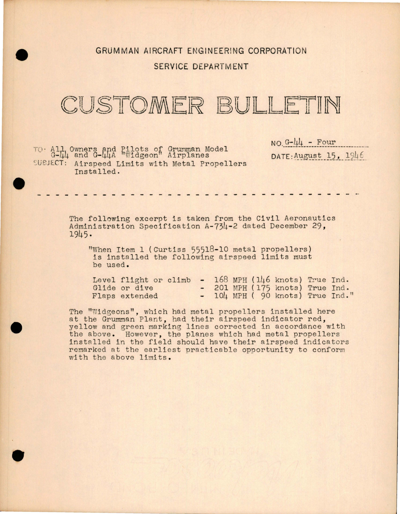 Sample page 1 from AirCorps Library document: Widgeon - Air Speed Limits with Metal Propellers