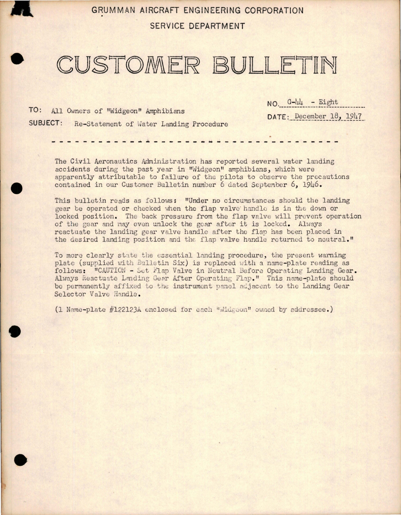 Sample page 1 from AirCorps Library document: Widgeon - Re-Statement of Water Landing Procedure, 