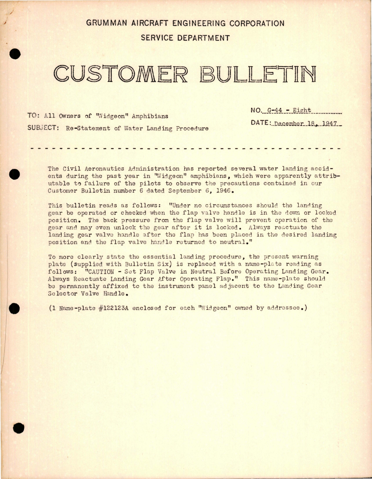 Sample page 1 from AirCorps Library document: Widgeon - Re-statement of Water Landing Procedure