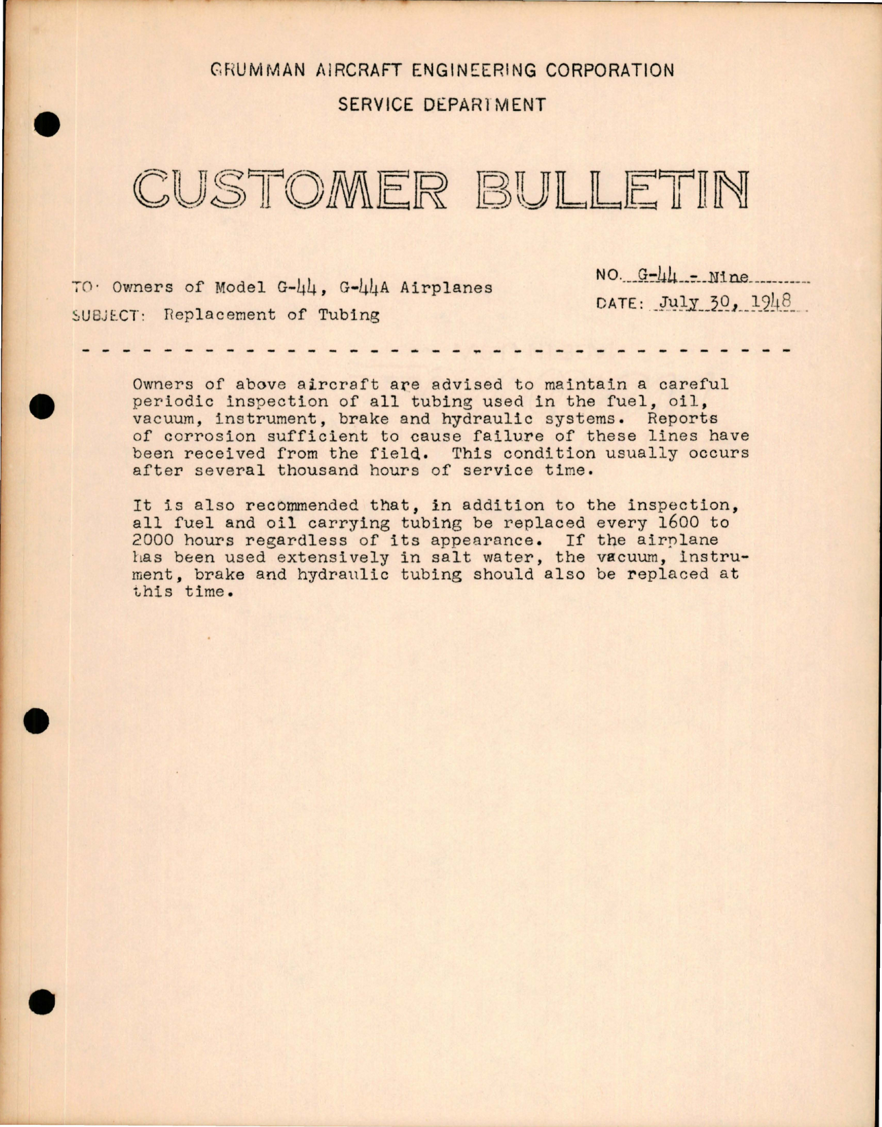 Sample page 1 from AirCorps Library document: Widgeon - Replacement of Tubing