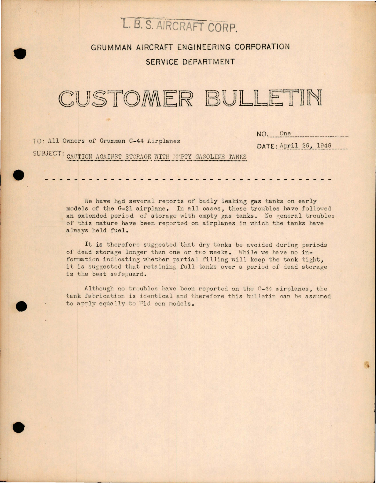 Sample page 1 from AirCorps Library document: Widgeon - Caution Against Storage with Empty Gasoline Tanks