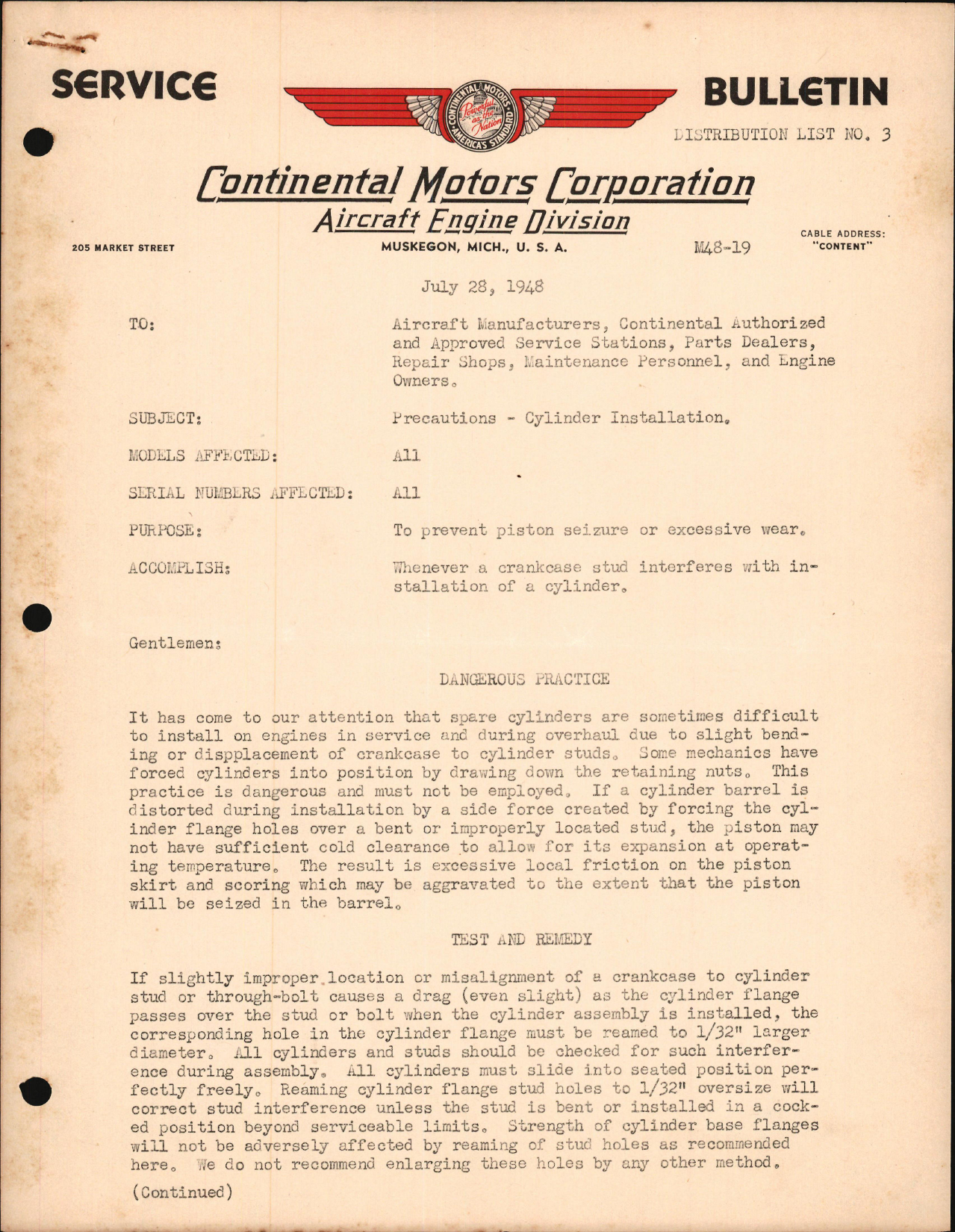 Sample page 1 from AirCorps Library document: Cylinder Installation Precautions
