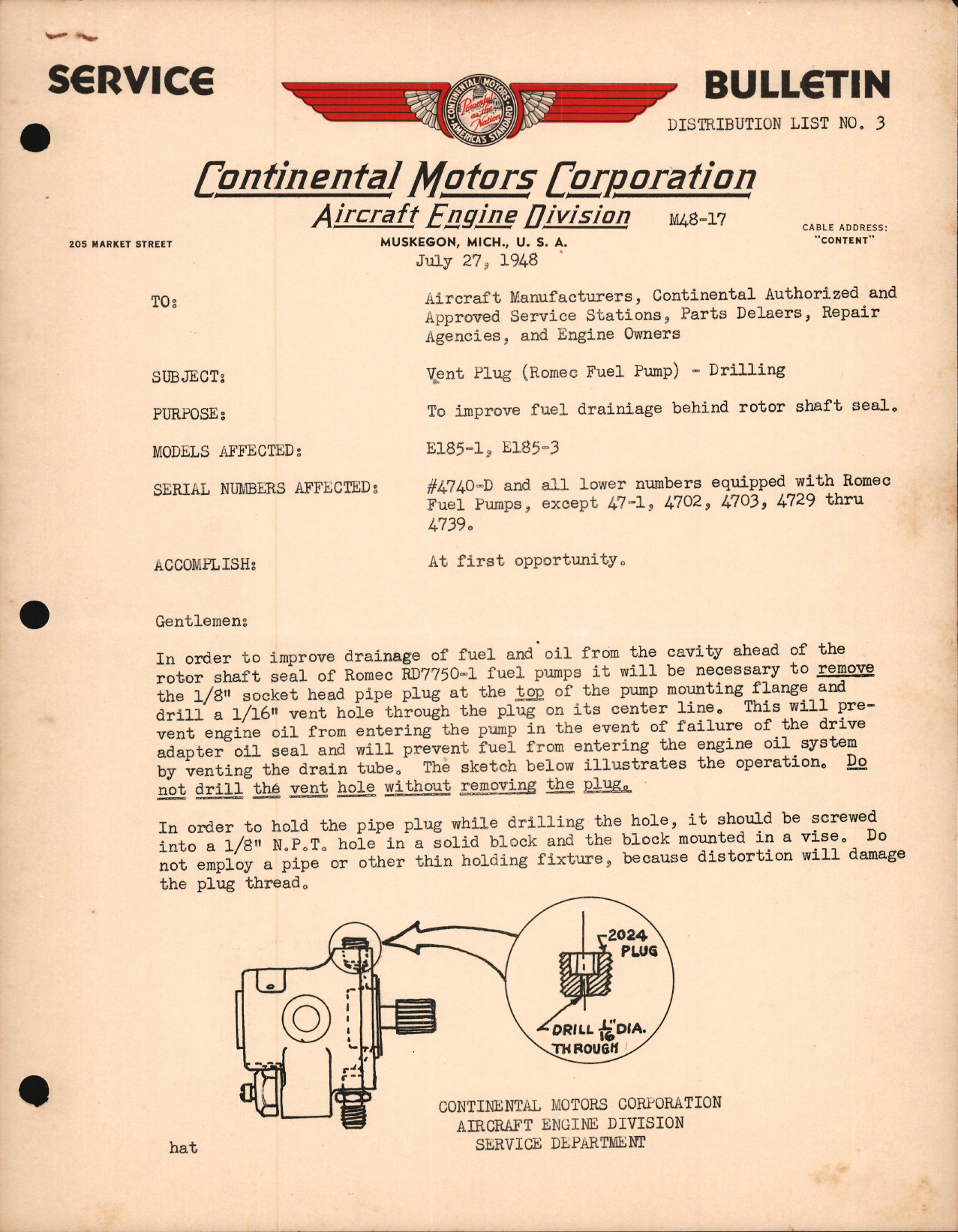 Sample page 1 from AirCorps Library document: Vent Plug (Romec Fuel Pump) Drilling
