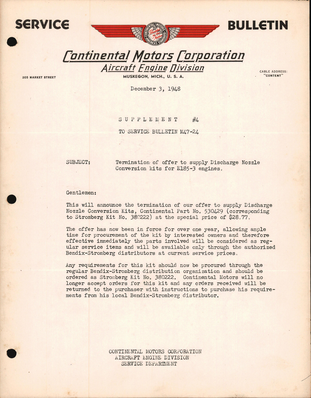 Sample page 1 from AirCorps Library document: Termination of offer to Supply Discharge Nozzle Conversion Kits for E-185-3