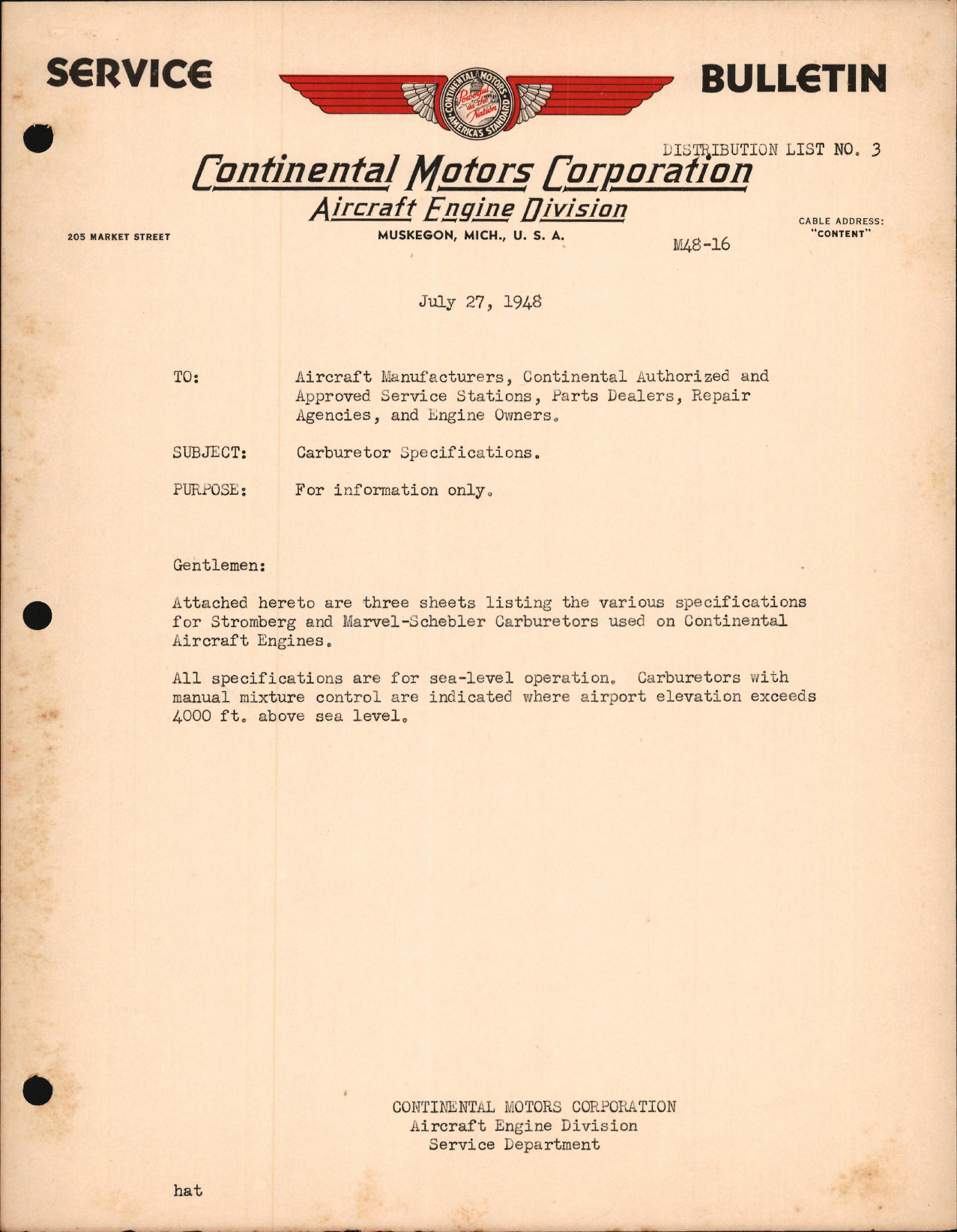 Sample page 1 from AirCorps Library document: Carburetor Specifications