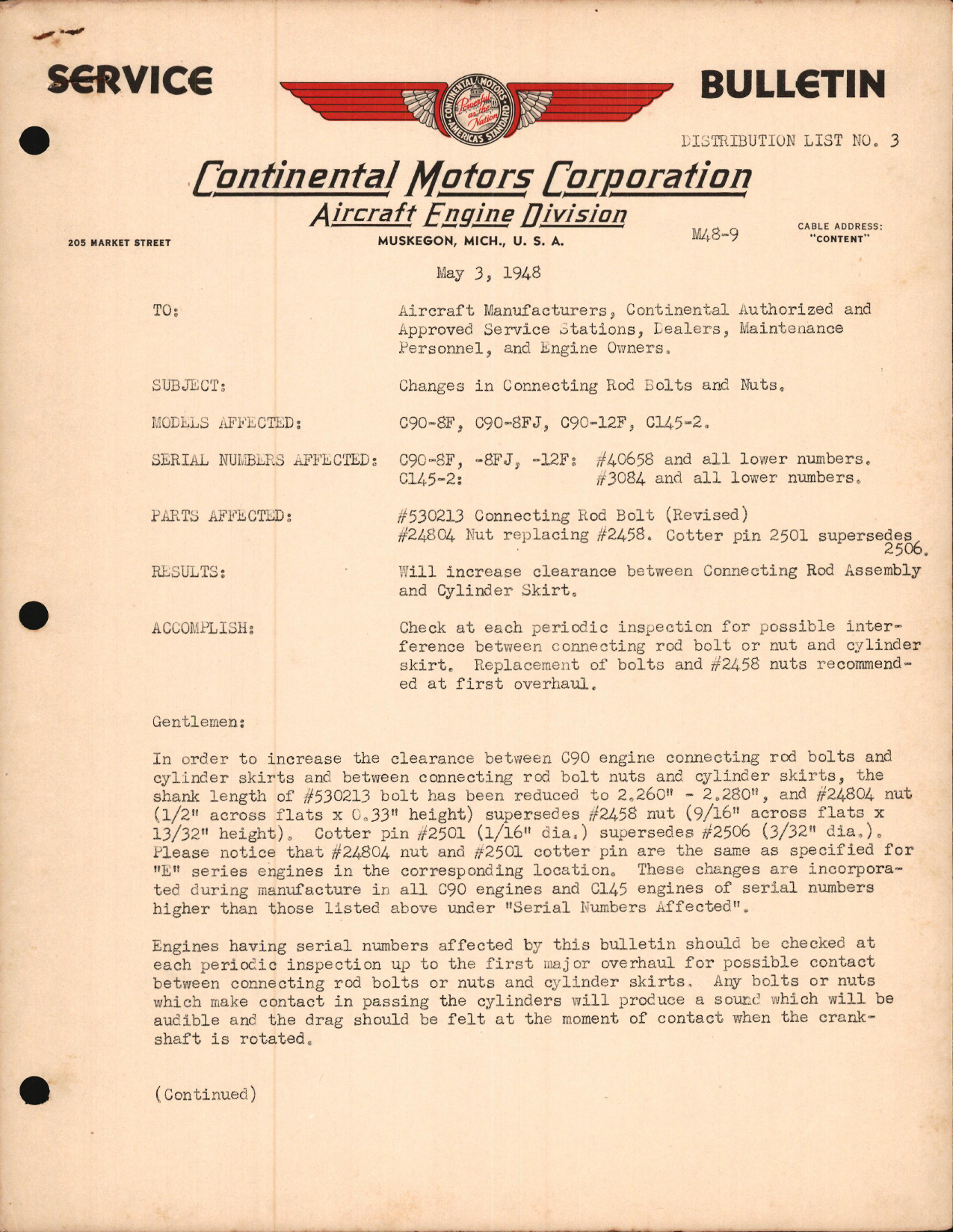 Sample page 1 from AirCorps Library document: Changes in Connecting Rod Bolts and Nuts
