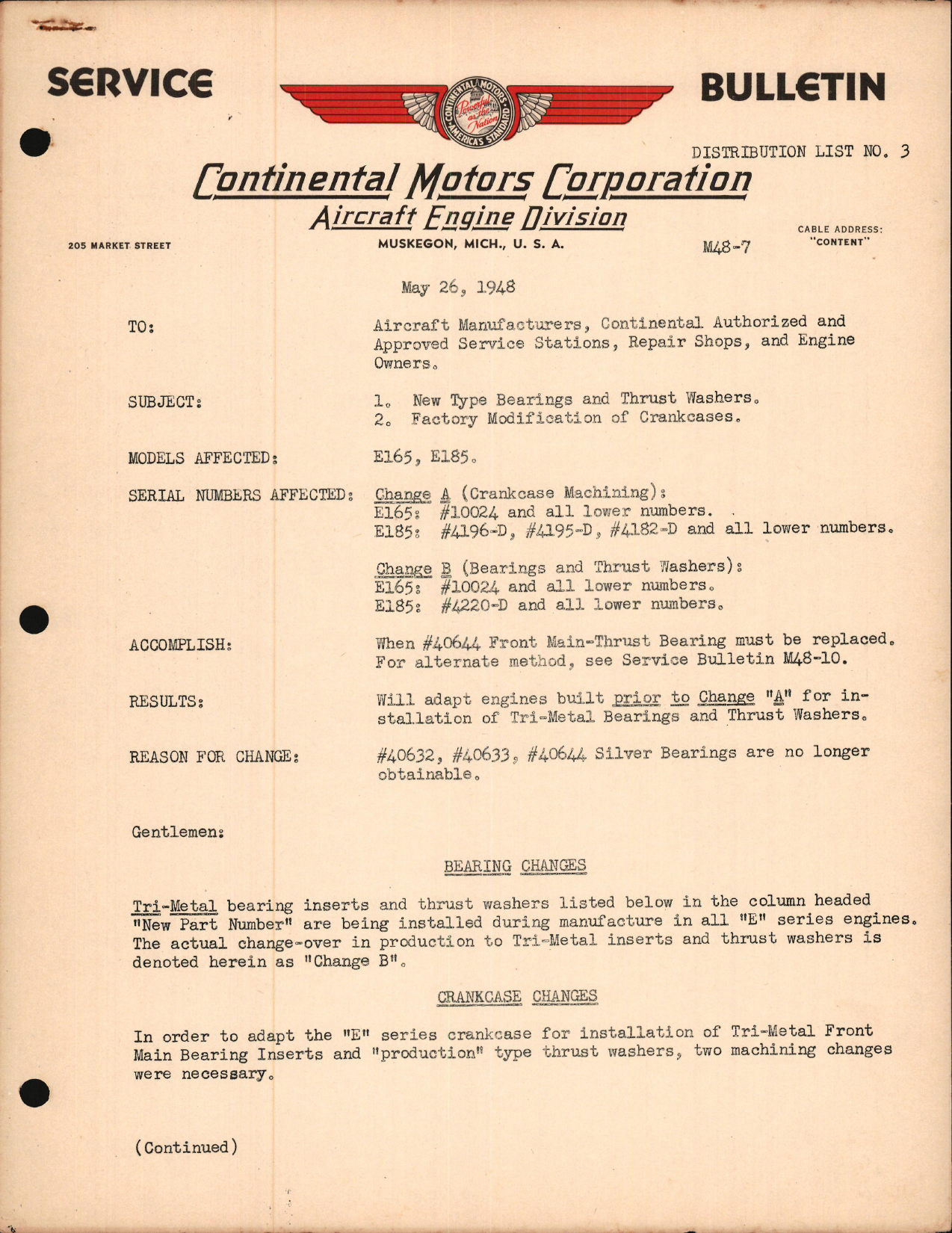 Sample page 1 from AirCorps Library document: New Type Bearings & Thrust Washers, Factory Modification of Crankcases