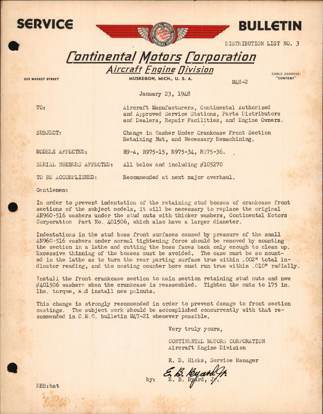 Sample page 1 from AirCorps Library document: Change in Washer Under Crankcase Front Section Retaining Nut & Necessary Remachining