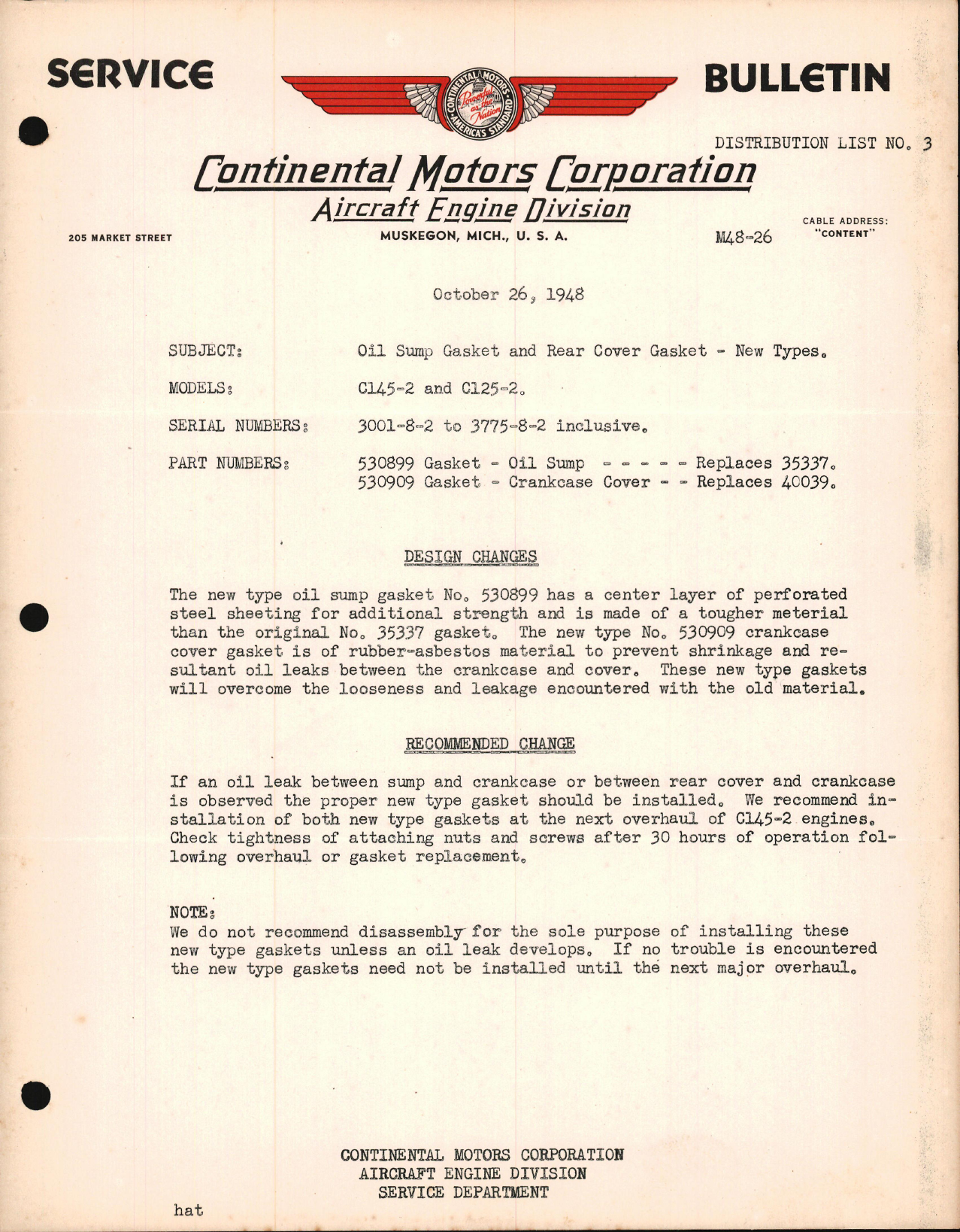 Sample page 1 from AirCorps Library document: Oil Sump Gasket & Rear Cover Gasket - New Types