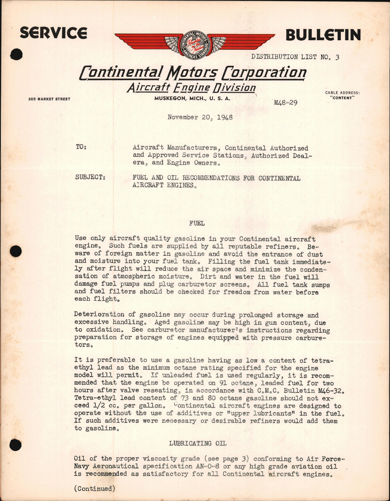 Sample page 1 from AirCorps Library document: Fuel & Oil Recommendations for Continental Engines