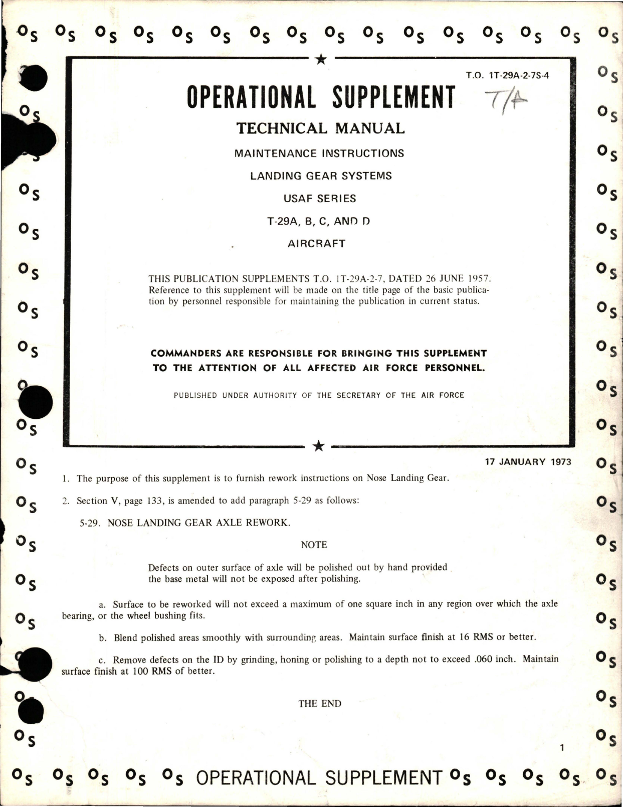 Sample page 1 from AirCorps Library document: Operational Supplement for Maintenance Instructions for Landing Gear Systems - T-29A, T-29B, T-29C and T-29D