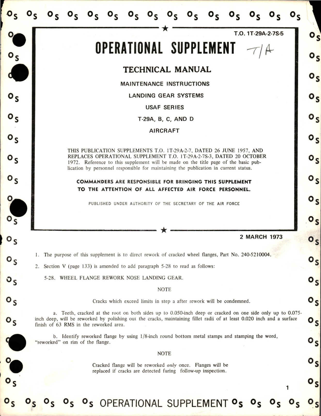 Sample page 1 from AirCorps Library document: Operational Supplement for Maintenance Instructions for Landing Gear Systems - T-29A, T-29B, T-29C and T-29D