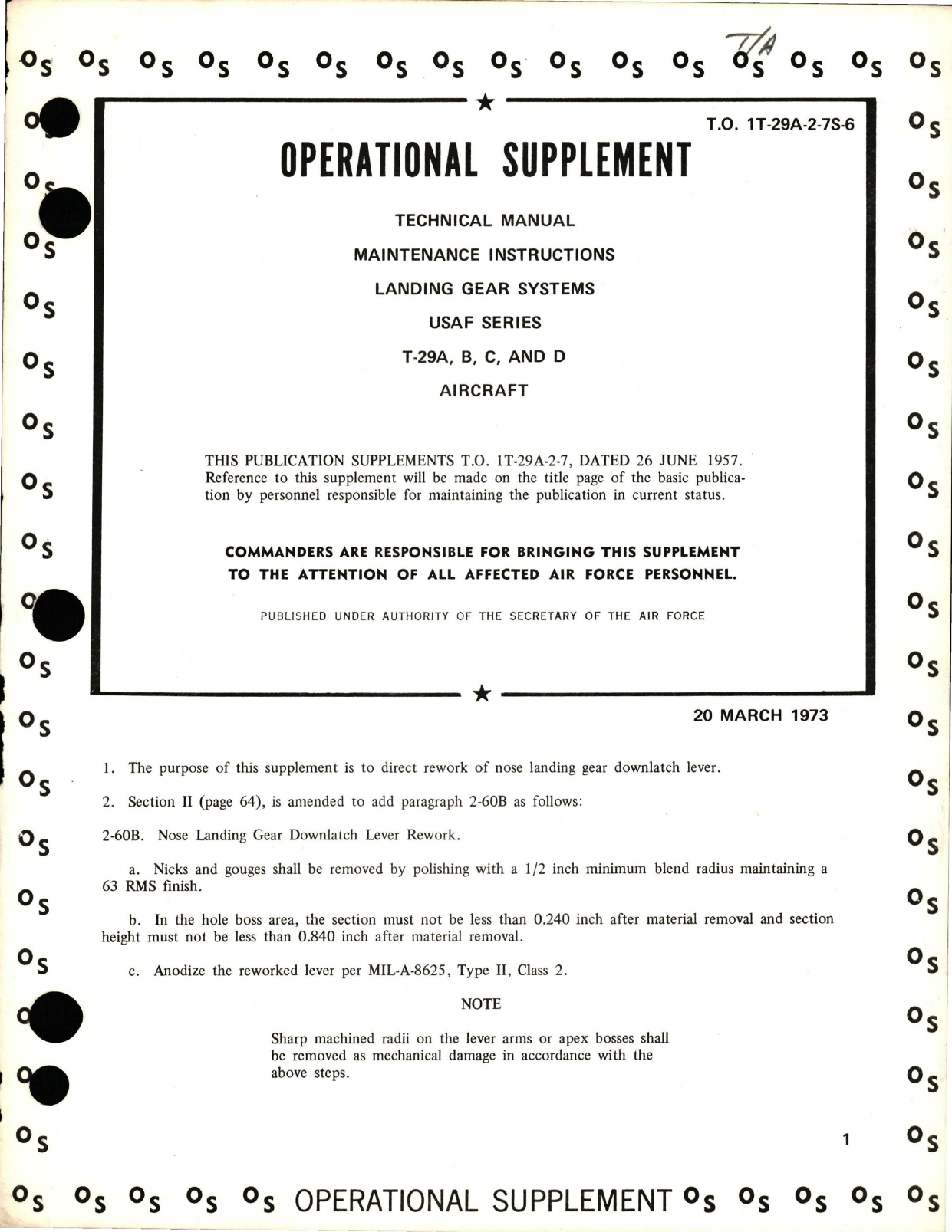 Sample page 1 from AirCorps Library document: Operational Supplement for Maintenance Instructions for Landing Gear Systems - T-29A, T-29B, T-29C and T-29D