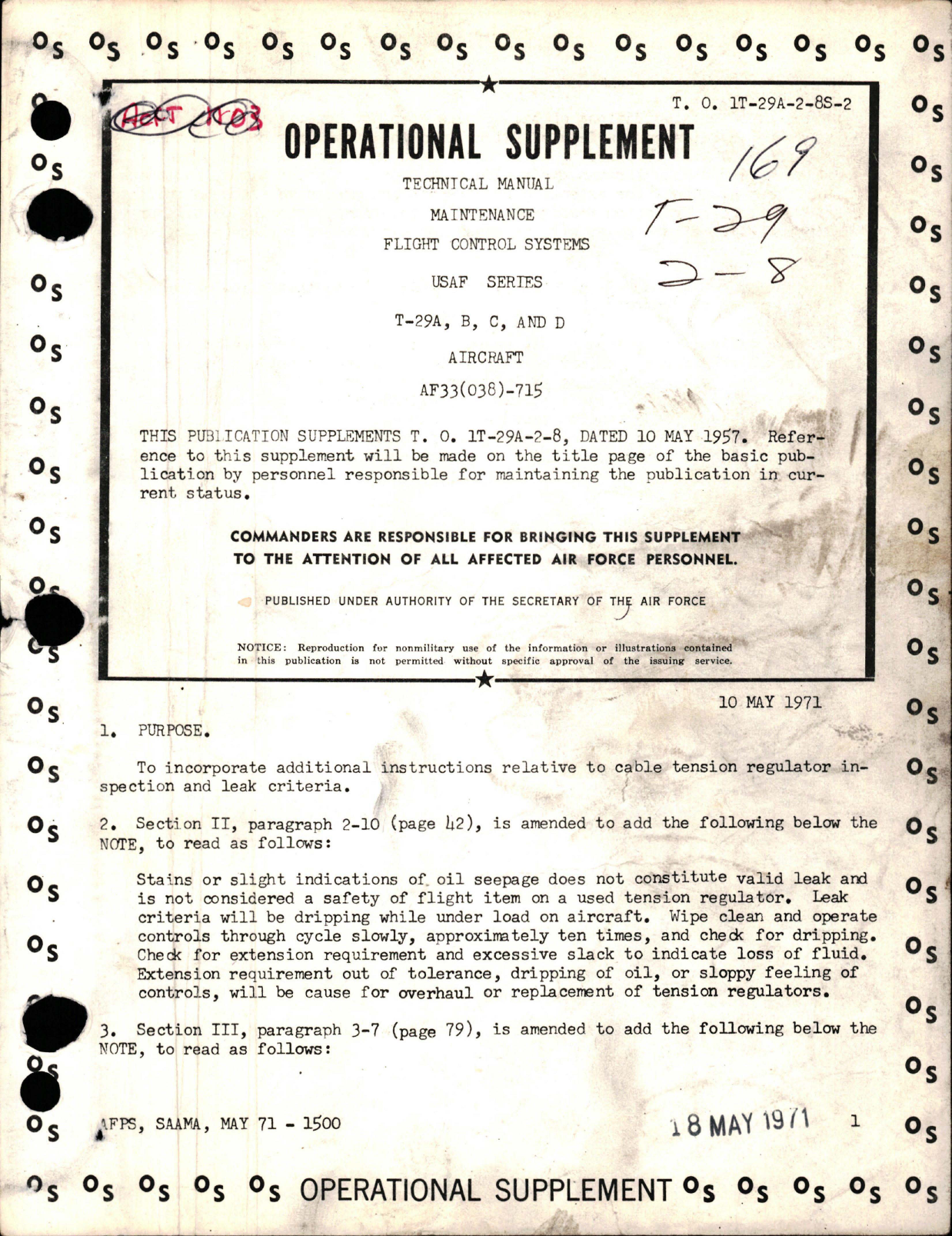 Sample page 1 from AirCorps Library document: Operational Supplement to Maintenance for Flight Control Systems, T-29A, T-29B, T-29C and T-29D