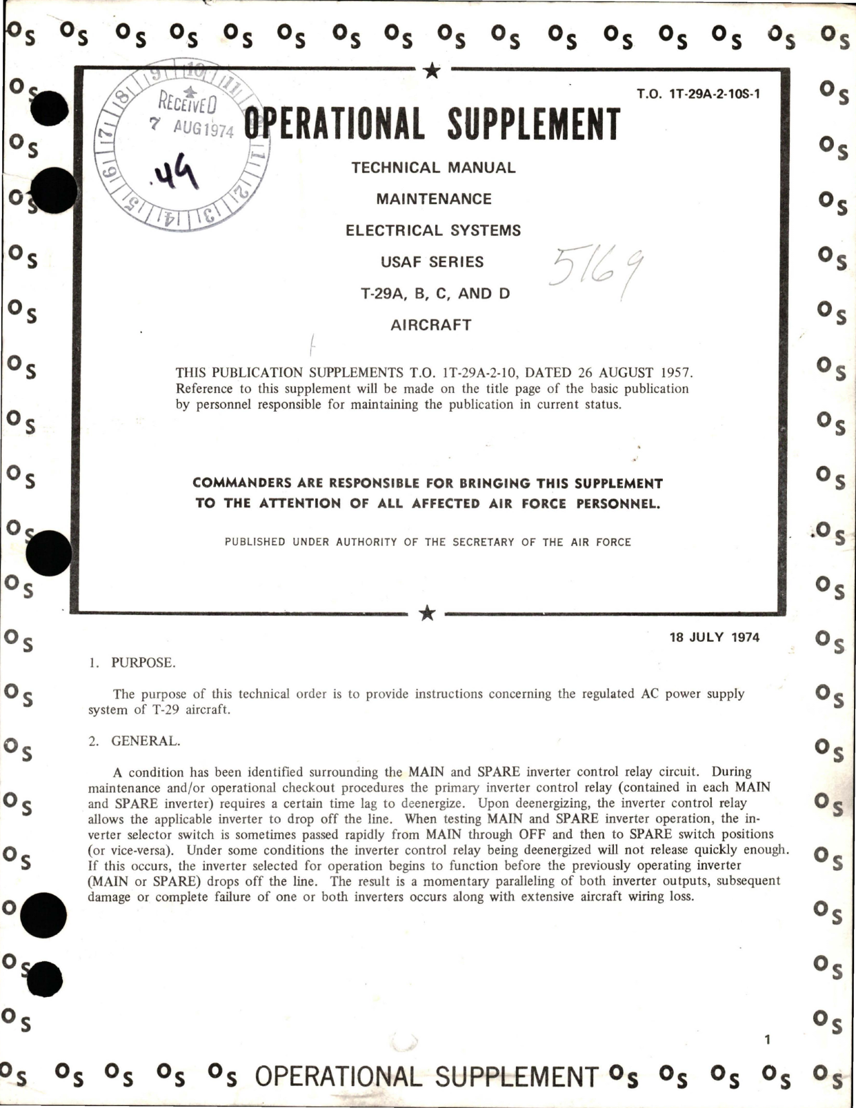 Sample page 1 from AirCorps Library document: Operational Supplement for Maintenance Manual for Electrical Systems - T-29A, T-29B, T-29C and T-29D