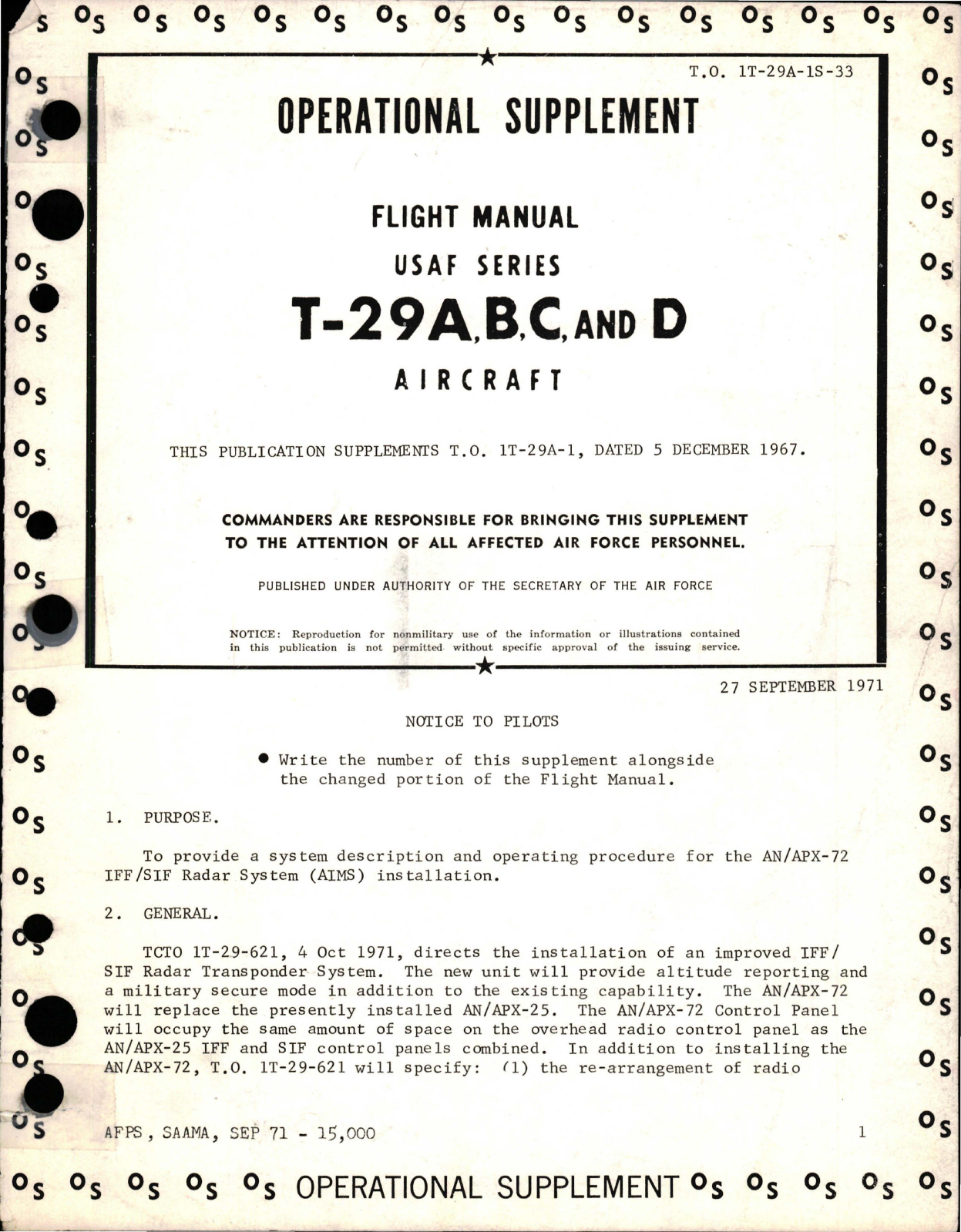 Sample page 1 from AirCorps Library document: Operational Supplement to Flight Manual for T-29A, T-29B, T-29C and T-29D