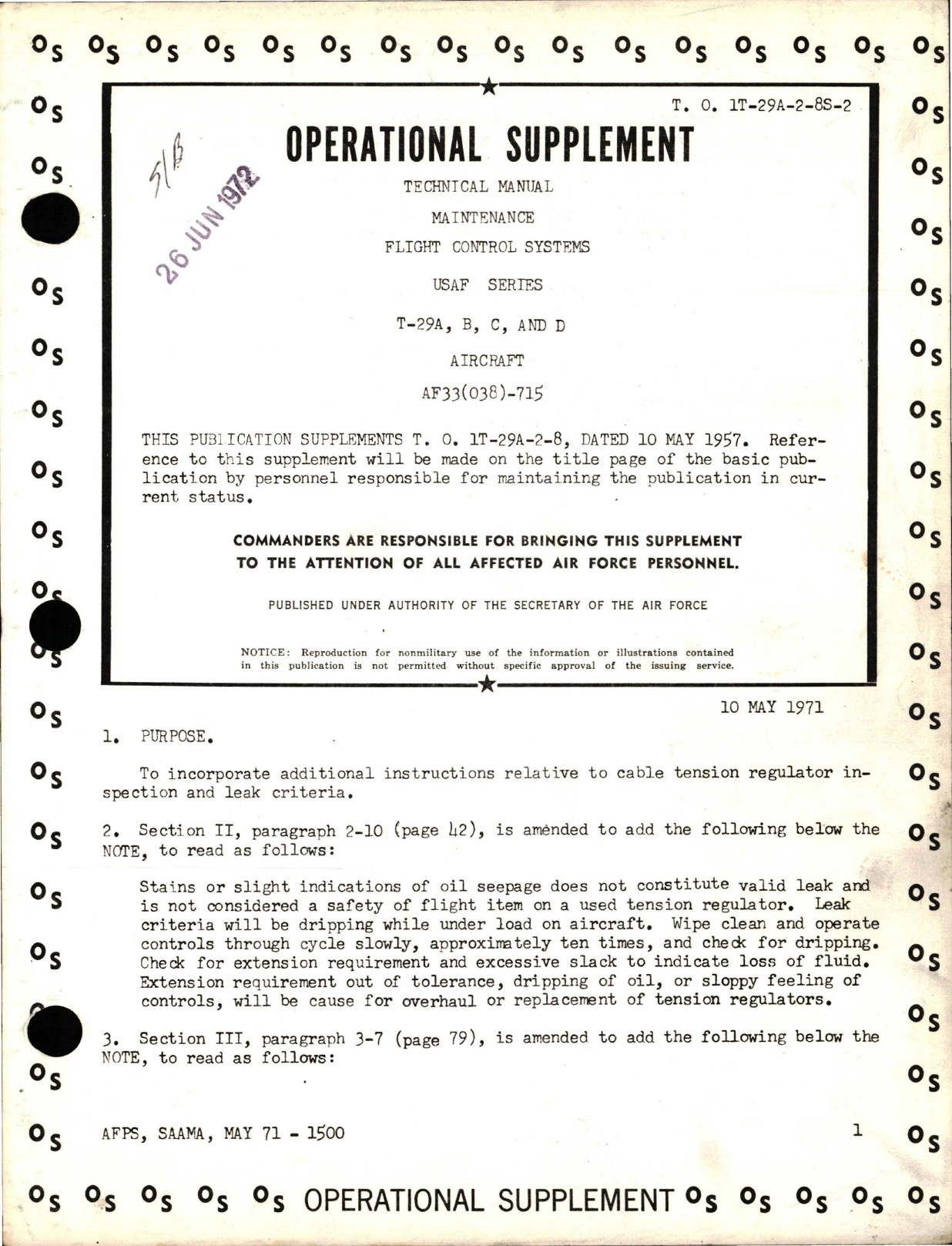 Sample page 1 from AirCorps Library document: Operational Supplement for Maintenance Manual for Flight Control Systems - T-29A, T-29B, T-29C and T-29D 