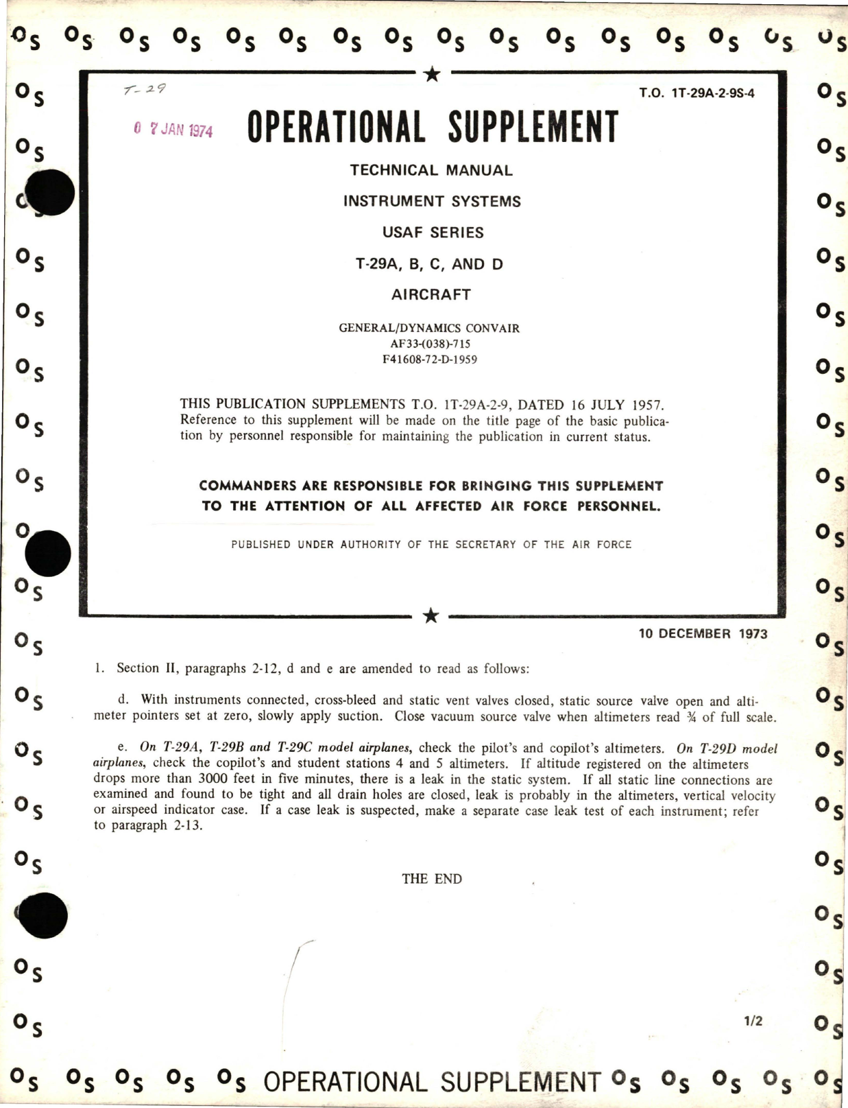 Sample page 1 from AirCorps Library document: Operational Supplement to Maintenance for Instrument Systems - T-29A, T-29B, T-29C and T-29D