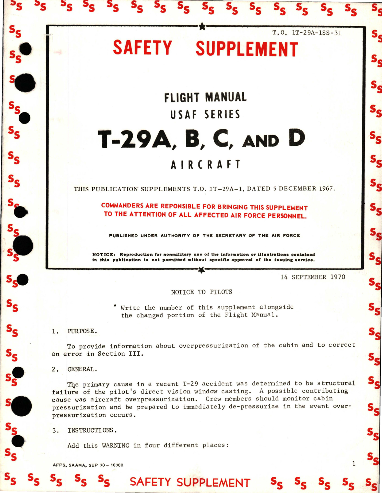 Sample page 1 from AirCorps Library document: Safety Supplement to Flight Manual for T-29A, T-29B, T-29C and T-29D