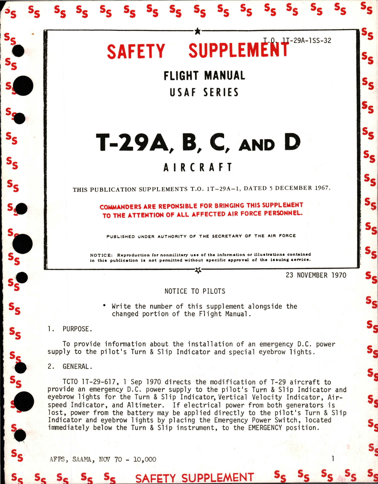 Sample page 1 from AirCorps Library document: Safety Supplement to Flight Manual for T-29A, T-29B, T-29C and T-29D