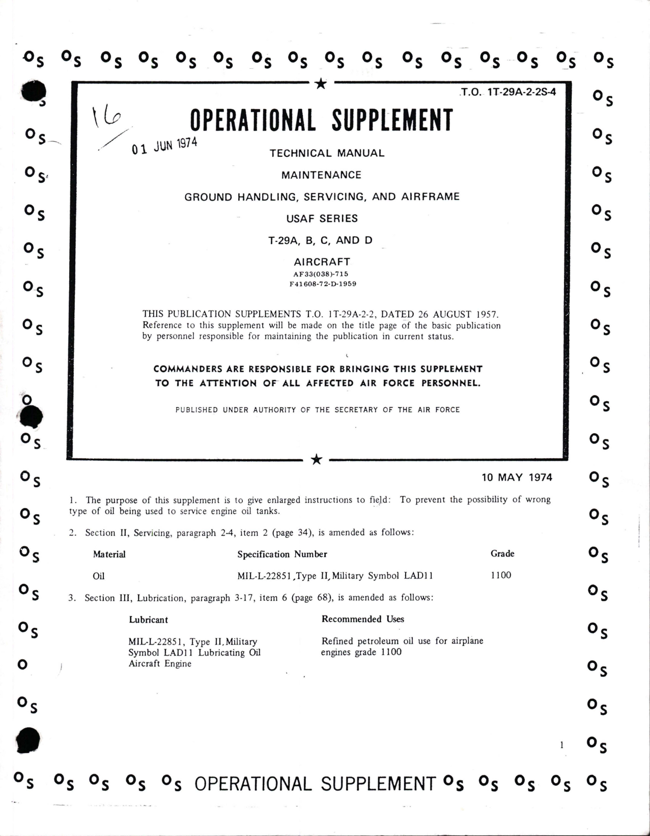Sample page 1 from AirCorps Library document: Operational Supplement to Maintenance Manual for Ground Handling, Servicing and Airframe for T-29A, T-29B, T-29C, and T-29D