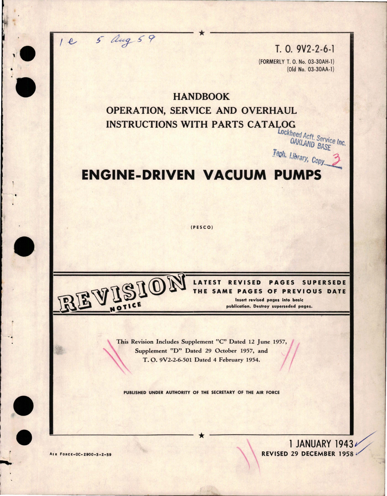 Sample page 1 from AirCorps Library document: Operation, Service and Overhaul Instructions with Parts for Engine Driven Vacuum Pumps