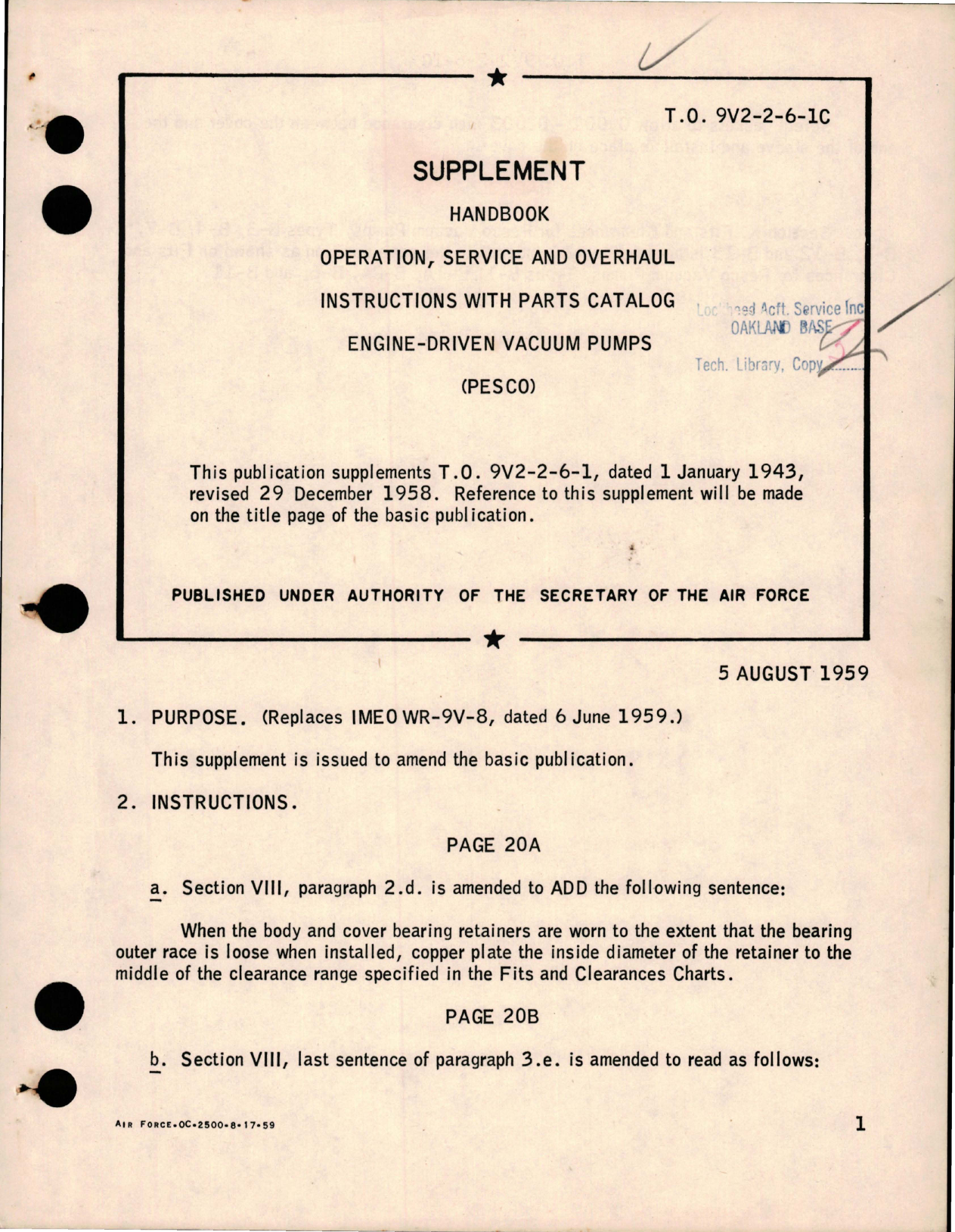 Sample page 1 from AirCorps Library document: Supplement to Operation, Service and Overhaul Instructions with Parts for Engine Driven Vacuum Pumps