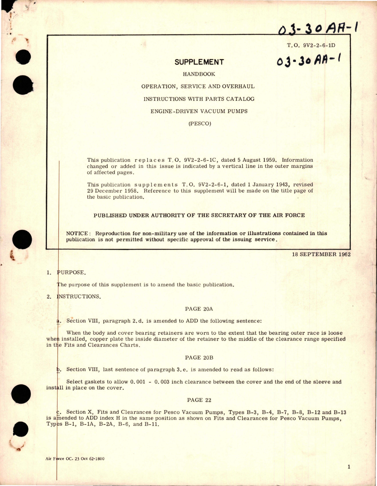 Sample page 1 from AirCorps Library document: Supplement to Operation, Service and Overhaul Instructions with Parts for Engine Driven Vacuum Pumps